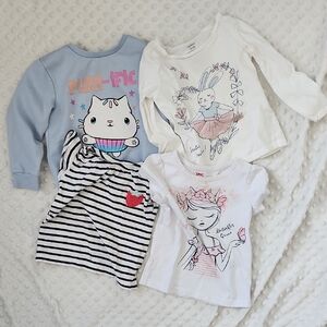 Cute Girls' Graphic Tops and Striped Dress - Pastel Blue, White, Black